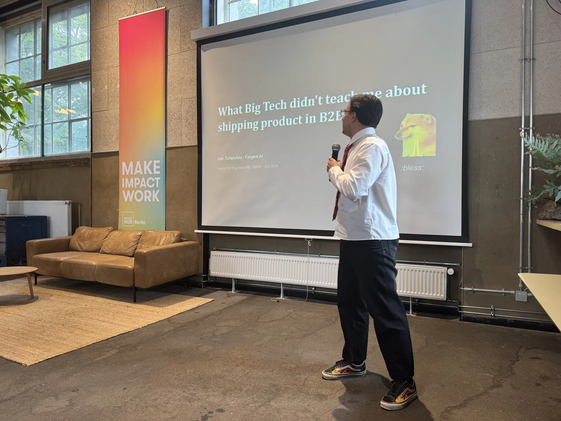 Ivan Turianytsia presenting a talk about shipping B2B products